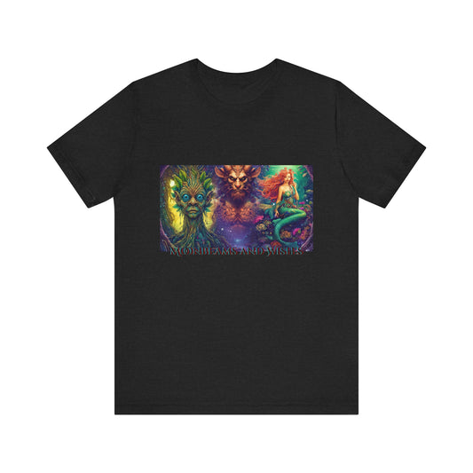Black t-shirt with a colorful graphic of Morrowood, Thalos, and Nerisa on a colored background